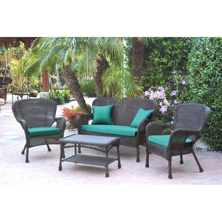 Jeco Windsor Espresso Wicker Conversation Set& No 44, Turquoise Cushions - 4 Piece W00215-G-FS032